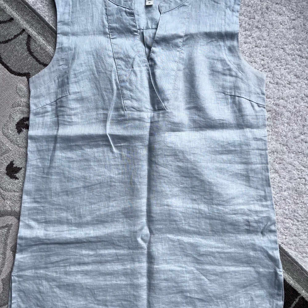 Garnet Hill Light Grey/Blue Linen Split-Neck Tunic
